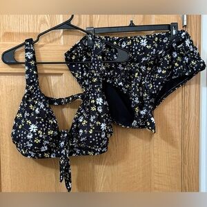 Social Angel Floral Bikini Set 3X Black Yellow Tie Front High Waisted